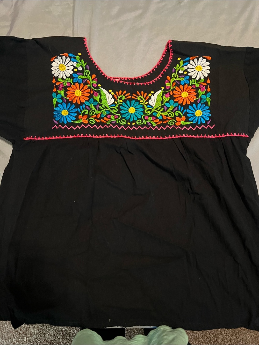 Black Embroidered Floral Peasant Top - Multicolor